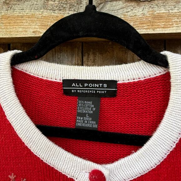 Vintage ALL POINTS ramie/cotton red Cardigan SWEATER Size Large red snowman - Picture 3 of 3